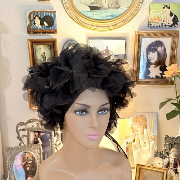 1960's Floral Nylon petal scarf in Sheer Black - Picture 3 of 14